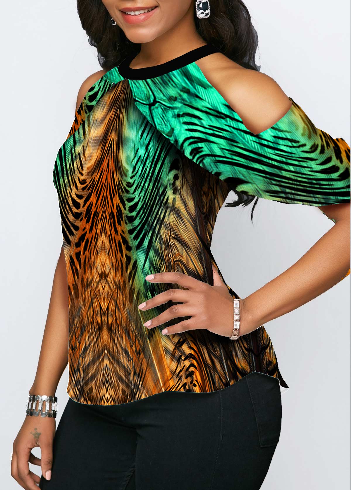 Multi Color tops,Animal Print tops,ROTITA Animal Print Cold Shoulder Half Sleeve Blouse