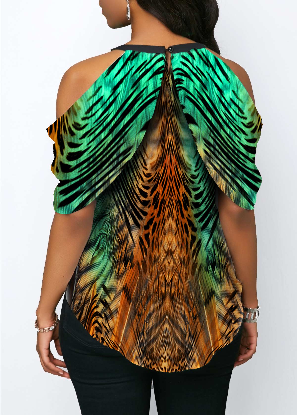 Multi Color tops,Animal Print tops,ROTITA Animal Print Cold Shoulder Half Sleeve Blouse