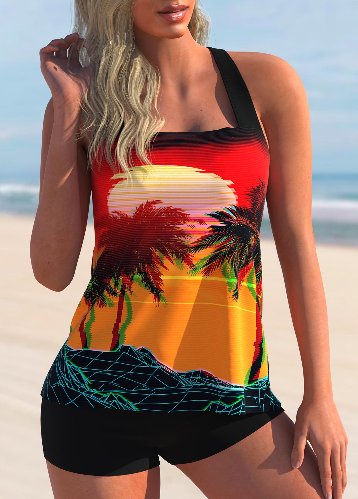 ROTITA Criss Cross Back Scape Print Wide Strap Tankini Set | Rotita.com ...