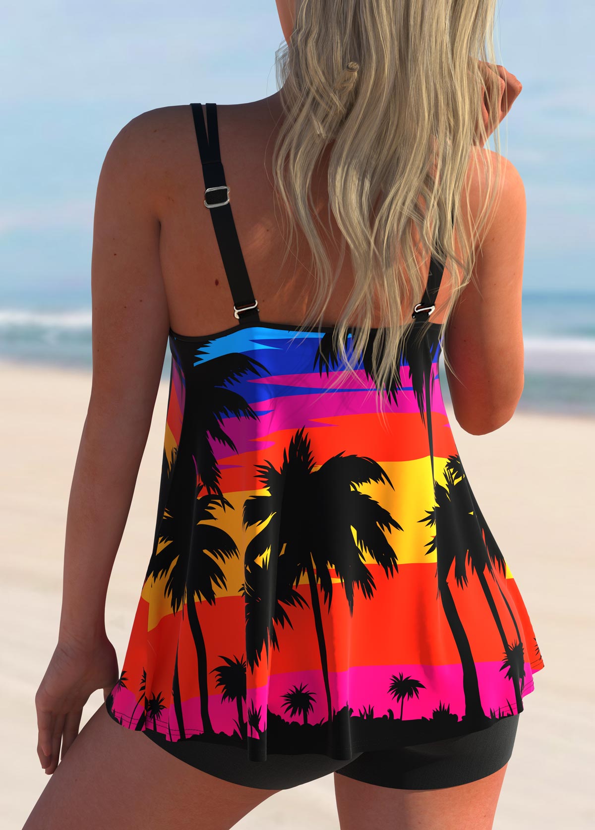 Multi Color swimwear,Graphic swimwear,ROTITA Double Straps Scape Print Tankini Set