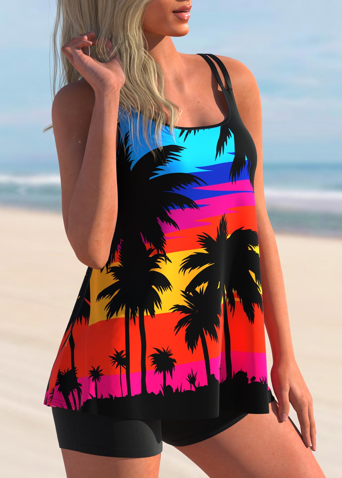 Multi Color swimwear,Graphic swimwear,ROTITA Double Straps Scape Print Tankini Set