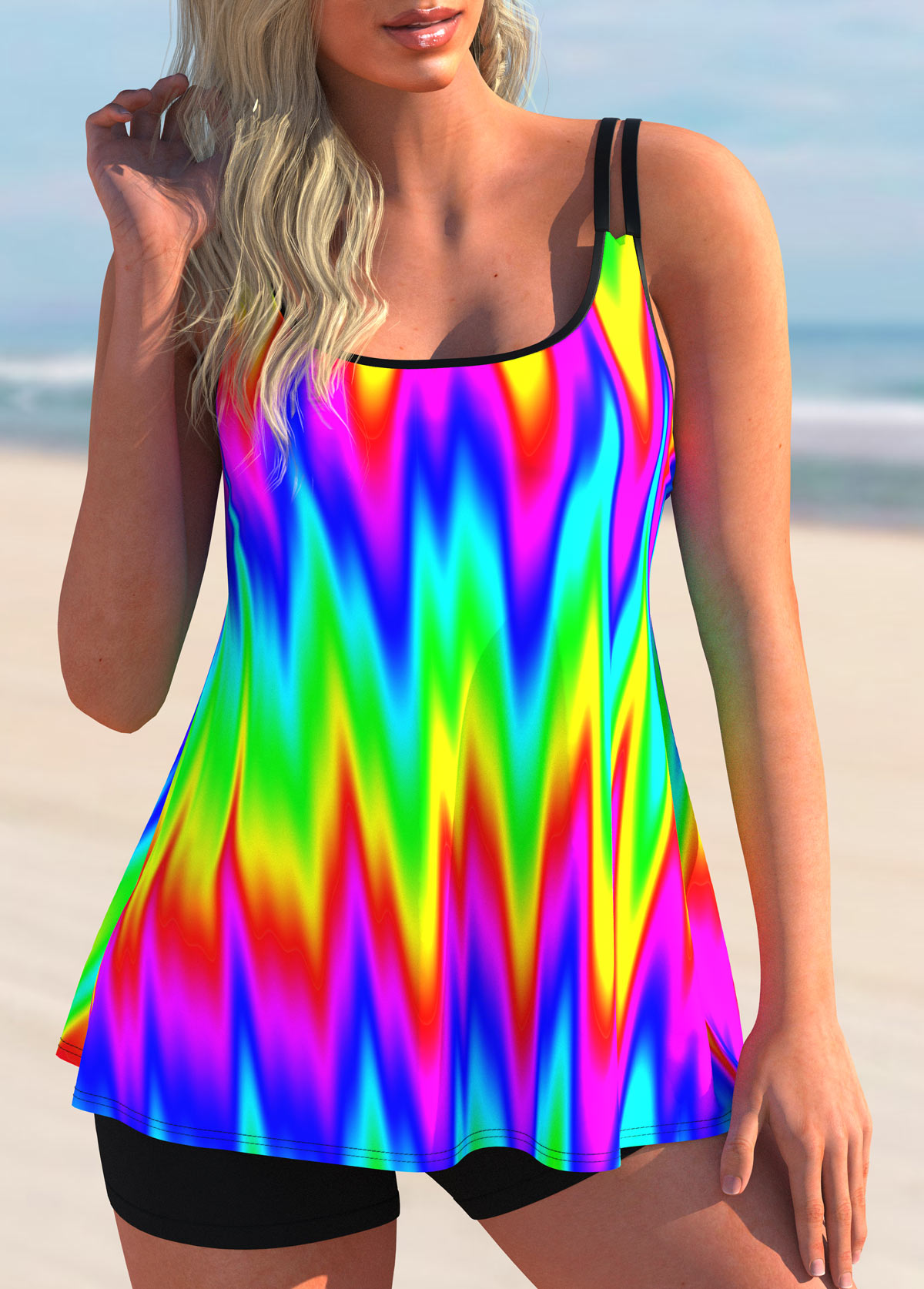 Multi Color swimwear,Floral swimwear,ROTITA Rainbow Color Printed Spaghetti Strap Tankini Set