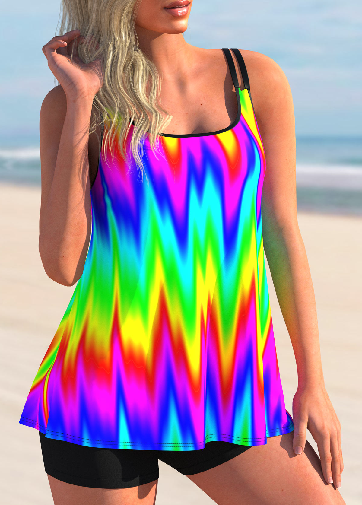 Multi Color swimwear,Floral swimwear,ROTITA Rainbow Color Printed Spaghetti Strap Tankini Set