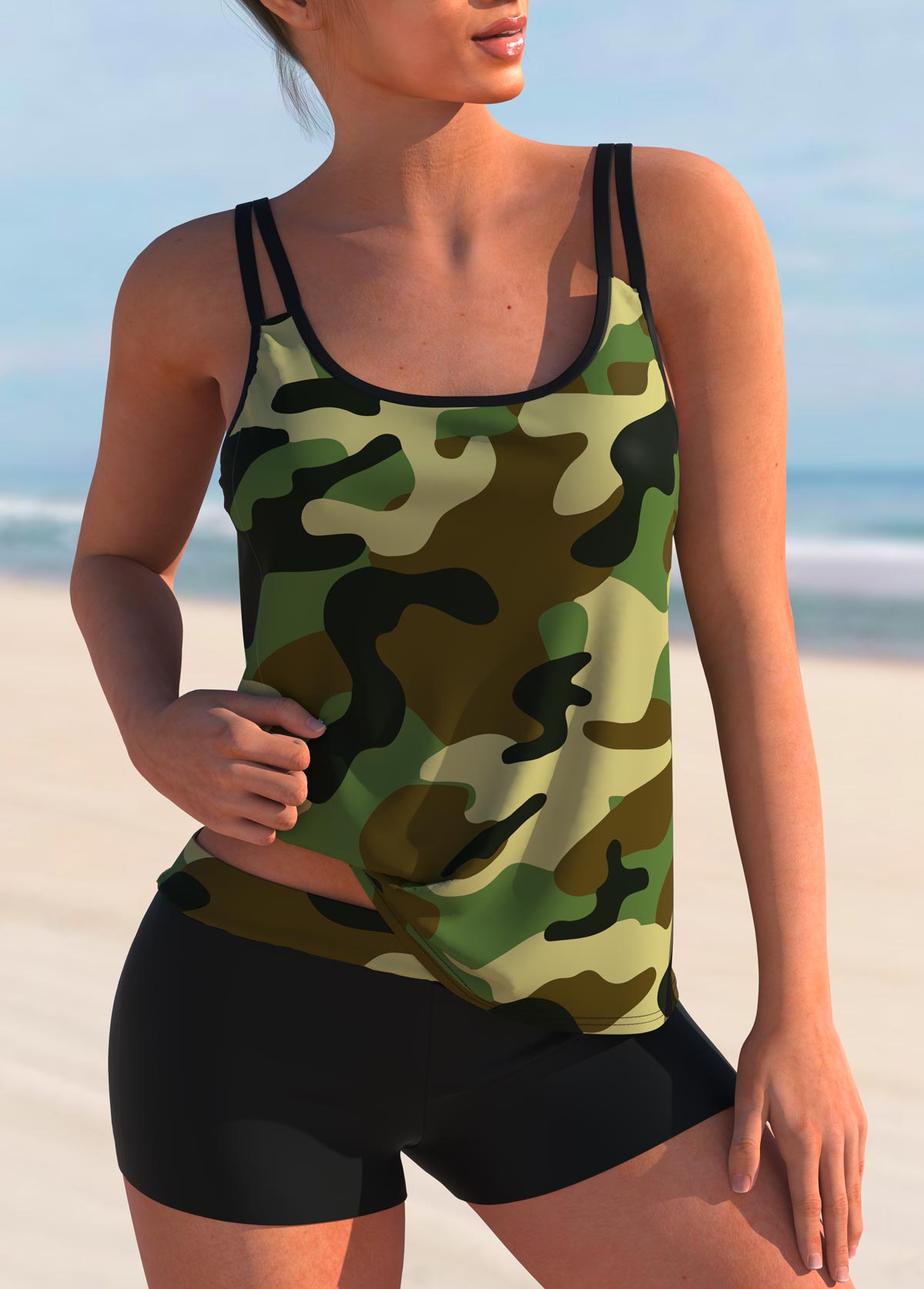 ROTITA Mid Waist Camouflage Print Tankini Set