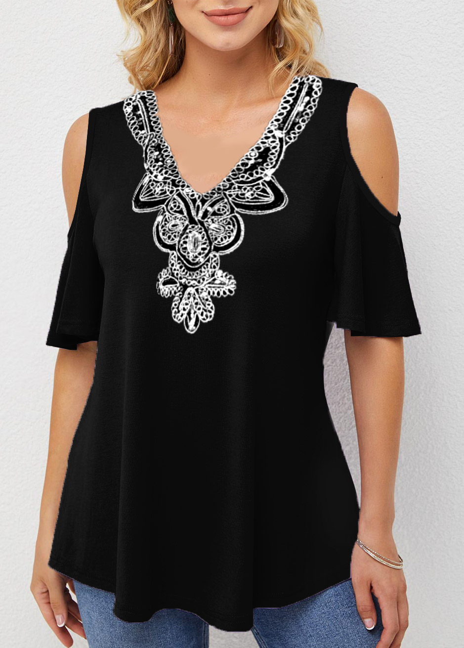 Black tops,Plain Color tops,ROTITA Embellished Neck Half Sleeve Cold Shoulder T Shirt