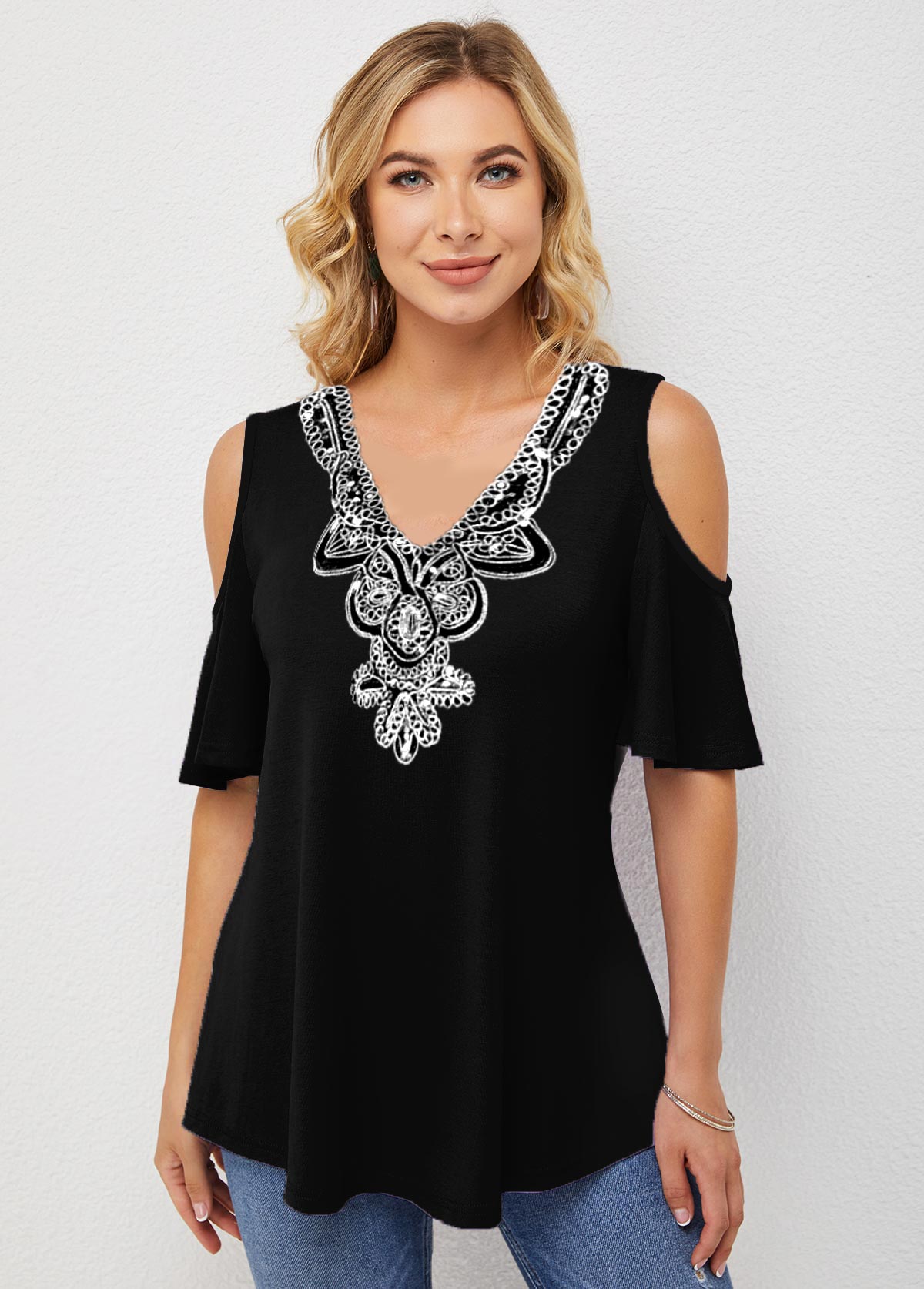 Black tops,Plain Color tops,ROTITA Embellished Neck Half Sleeve Cold Shoulder T Shirt