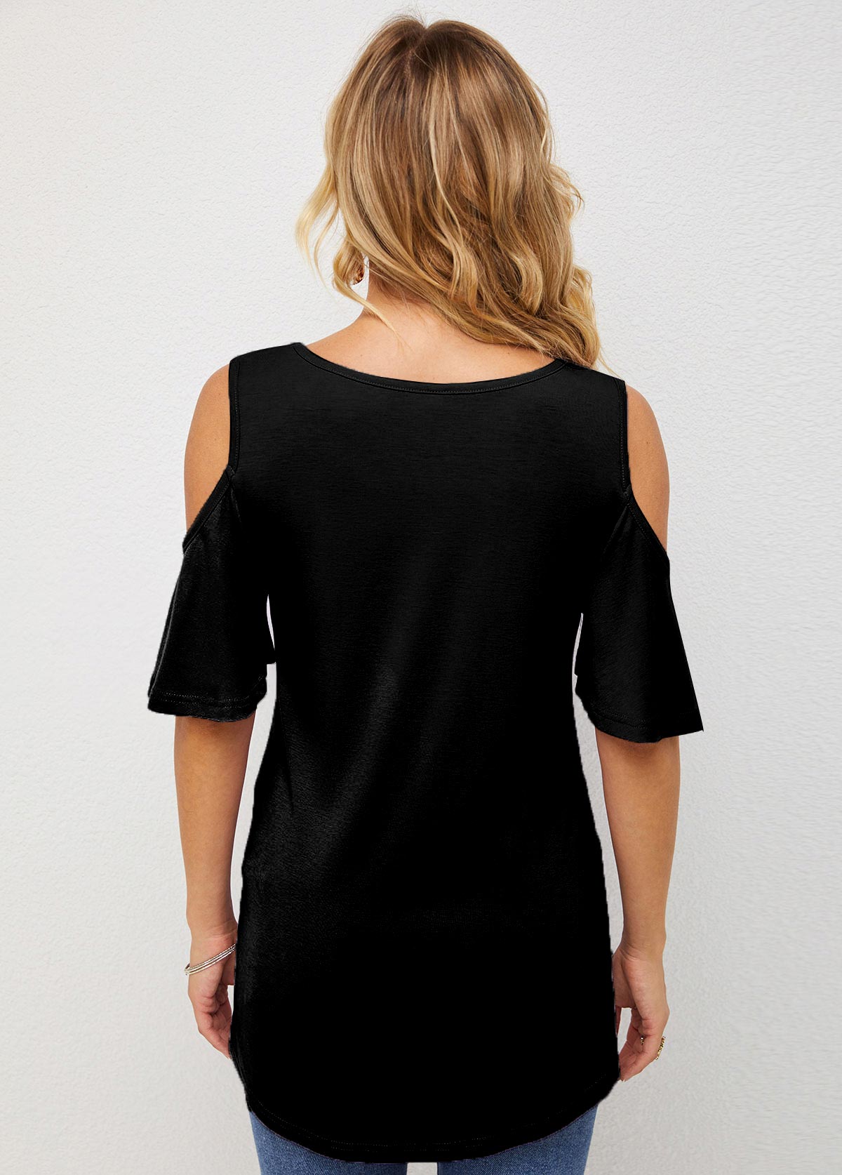 Black tops,Plain Color tops,ROTITA Embellished Neck Half Sleeve Cold Shoulder T Shirt