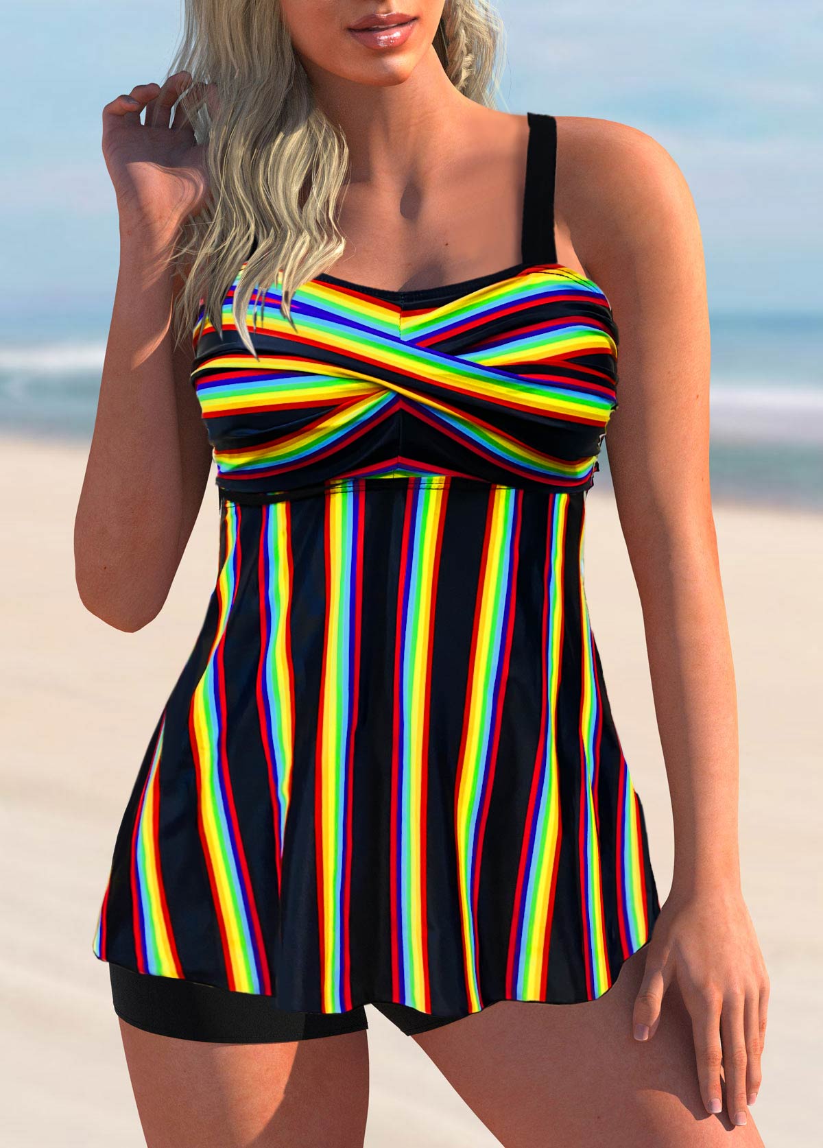 Spaghetti Strap Rainbow Stripe Cross Front Tankini Set 