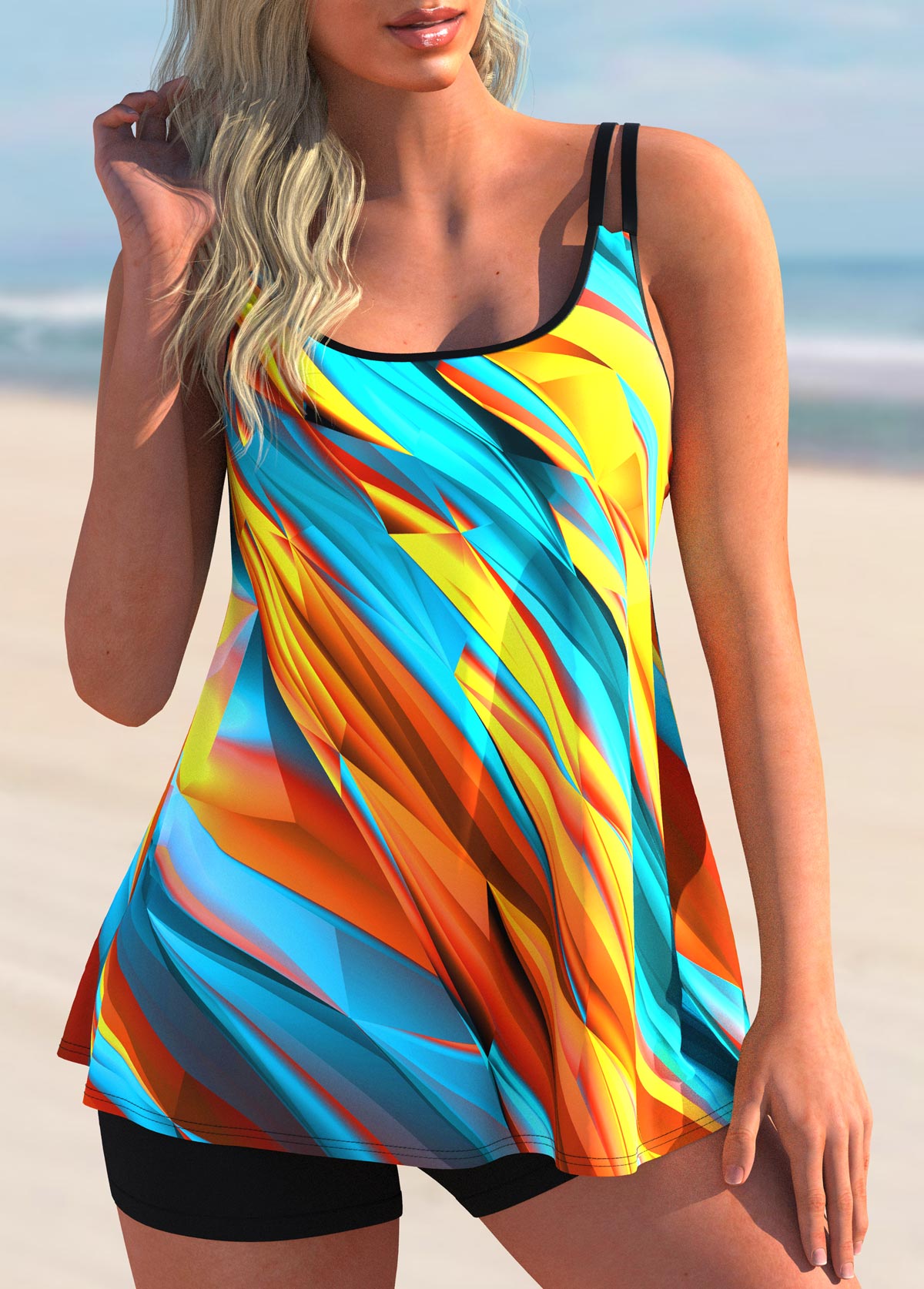 ROTITA Contrast Binding Multi Color Dazzle Colorful Print Tankini Set