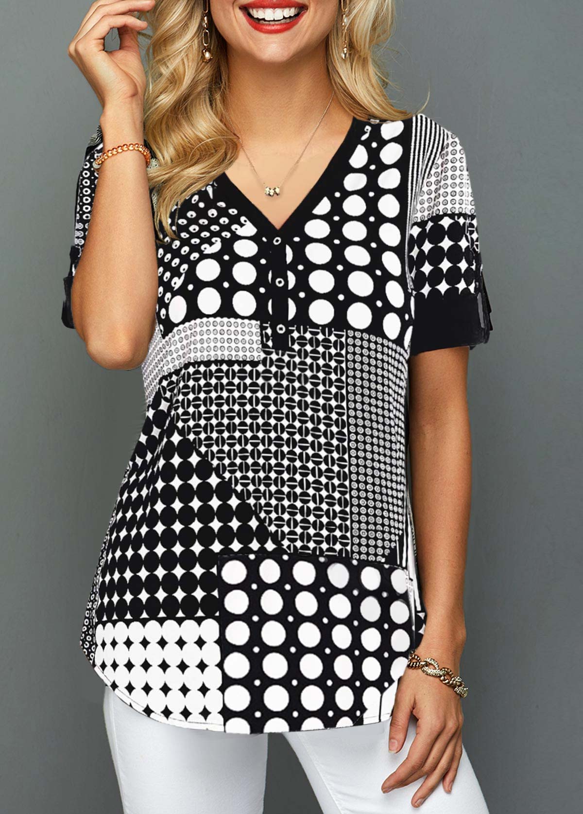 Black tops,Dot tops,ROTITA V Neck Polka Dot Short Sleeve Blouse