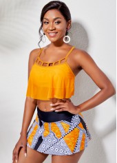 Orange swimwear,Tribal swimwear,ROTITA Overlay Cage Neck Top and Printed Pantskirt