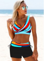 ROTITA Lace Up Cyan Striped Mid Waisted Bikini Set