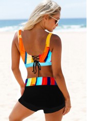 Cyan swimwear,Striped swimwear,Geometric swimwear,ROTITA Lace Up Cyan Striped Mid Waisted Bikini Set