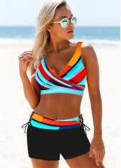 Cyan swimwear,Striped swimwear,Geometric swimwear,ROTITA Lace Up Cyan Striped Mid Waisted Bikini Set