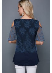 Navy tops,Plain Color tops,ROTITA Cold Shoulder Cross Strap Lace Panel T Shirt
