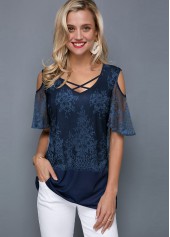 Navy tops,Plain Color tops,ROTITA Cold Shoulder Cross Strap Lace Panel T Shirt