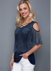 Navy tops,Plain Color tops,ROTITA Cold Shoulder Cross Strap Lace Panel T Shirt