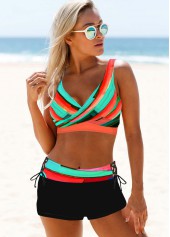 ROTITA Lace Up Orange Striped High Waisted Bikini Set