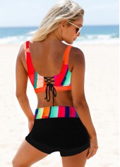 Orange swimwear,Striped swimwear,Geometric swimwear,ROTITA Lace Up Orange Striped High Waisted Bikini Set