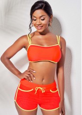 Orange swimwear,Contrast Color swimwear,ROTITA Tie Front Double Strap Contrast Piping Bikini Set