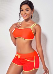 Orange swimwear,Contrast Color swimwear,ROTITA Tie Front Double Strap Contrast Piping Bikini Set