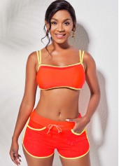 Orange swimwear,Contrast Color swimwear,ROTITA Tie Front Double Strap Contrast Piping Bikini Set