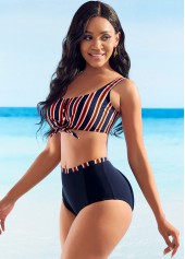 Navy swimwear,Striped swimwear,ROTITA Striped High Waisted Bowknot Bikini Set