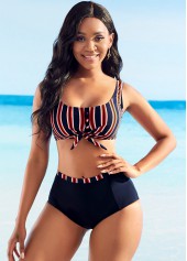Navy swimwear,Striped swimwear,ROTITA Striped High Waisted Bowknot Bikini Set