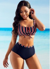 Navy swimwear,Striped swimwear,ROTITA Striped High Waisted Bowknot Bikini Set