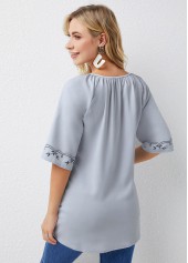 Light Grey tops,Geometric tops,ROTITA Geometric Print Split Neck Half Sleeve Blouse