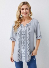 ROTITA Geometric Print Split Neck Half Sleeve Blouse