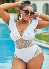White plus size,Plain Color plus size,ROTITA Plus Size Ruffle Lace Stitching One Piece Swimwear