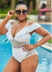 White plus size,Plain Color plus size,ROTITA Plus Size Ruffle Lace Stitching One Piece Swimwear