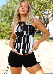 Black swimwear,Geometric swimwear,ROTITA Geometric Print Tie Front Mid Waist Tankini Set 