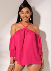 Hot Pink tops,Plain Color tops,ROTITA Criss Cross Back Lace Cuff Off Shoulder Blouse
