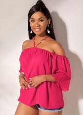 Hot Pink tops,Plain Color tops,ROTITA Criss Cross Back Lace Cuff Off Shoulder Blouse