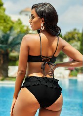 Black swimwear,Plain Color swimwear,ROTITA Mesh Stitching Lace Up Flounce Bikini Set 