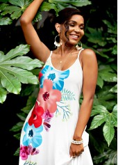 White dresses,Floral dresses,Everyday dresses,Casual dresses,ROTITA Floral Print Spaghetti Strap Pocket Dress