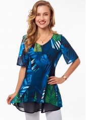 ROTITA Leaf Print Faux Two Piece V Neck Blouse