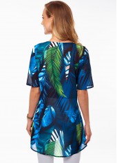 Multi Color tops,Plants tops,ROTITA Leaf Print Faux Two Piece V Neck Blouse