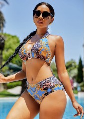 Multi Color swimwear,Leopard swimwear,ROTITA Buckle Detail Leopard Halter Bikini Set 