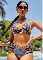 Multi Color swimwear,Leopard swimwear,ROTITA Buckle Detail Leopard Halter Bikini Set 