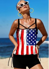 Blue swimwear,Flag swimwear,ROTITA Tie Side American Flag Print Tankini Set