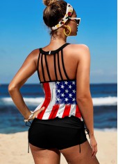 Blue swimwear,Flag swimwear,ROTITA Tie Side American Flag Print Tankini Set