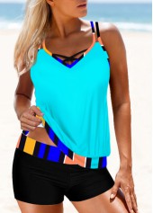 ROTITA Cross Strap Contrast Striped Tankini Set