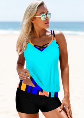 Cyan swimwear,Striped swimwear,ROTITA Cross Strap Contrast Striped Tankini Set