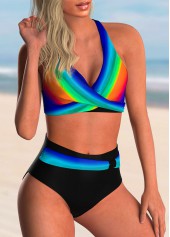 Multi Color swimwear,Dazzle Colorful swimwear,ROTITA Cross Front High Waisted Rainbow Color Bikini Set