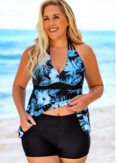 Blue plus size,Floral plus size,ROTITA Halter Floral Print Plus Size Tankini Set 
