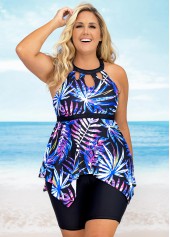 ROTITA Leaf Print Asymmetric Hem Plus Size Tankini Set 