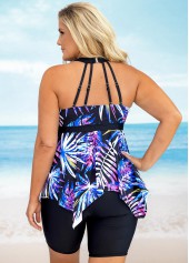 Multi Color plus size,Plants plus size,ROTITA Leaf Print Asymmetric Hem Plus Size Tankini Set 